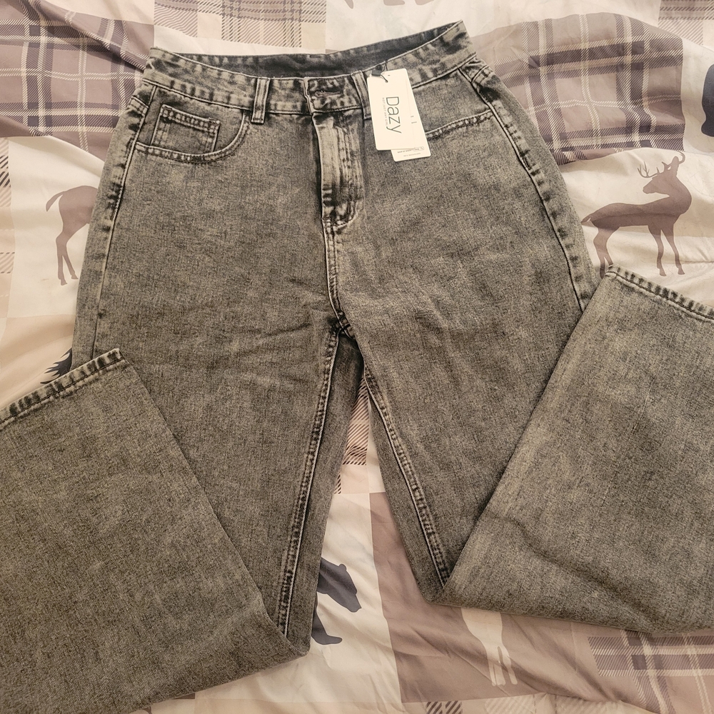 Dazy Womens Grey Wide Leg Jeans - Flared High-Rise